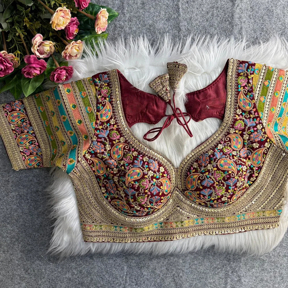 Maroon Sabyasachi Style Fox Georgette Embroidery Kashmiri Thread Work Blouse — view 1