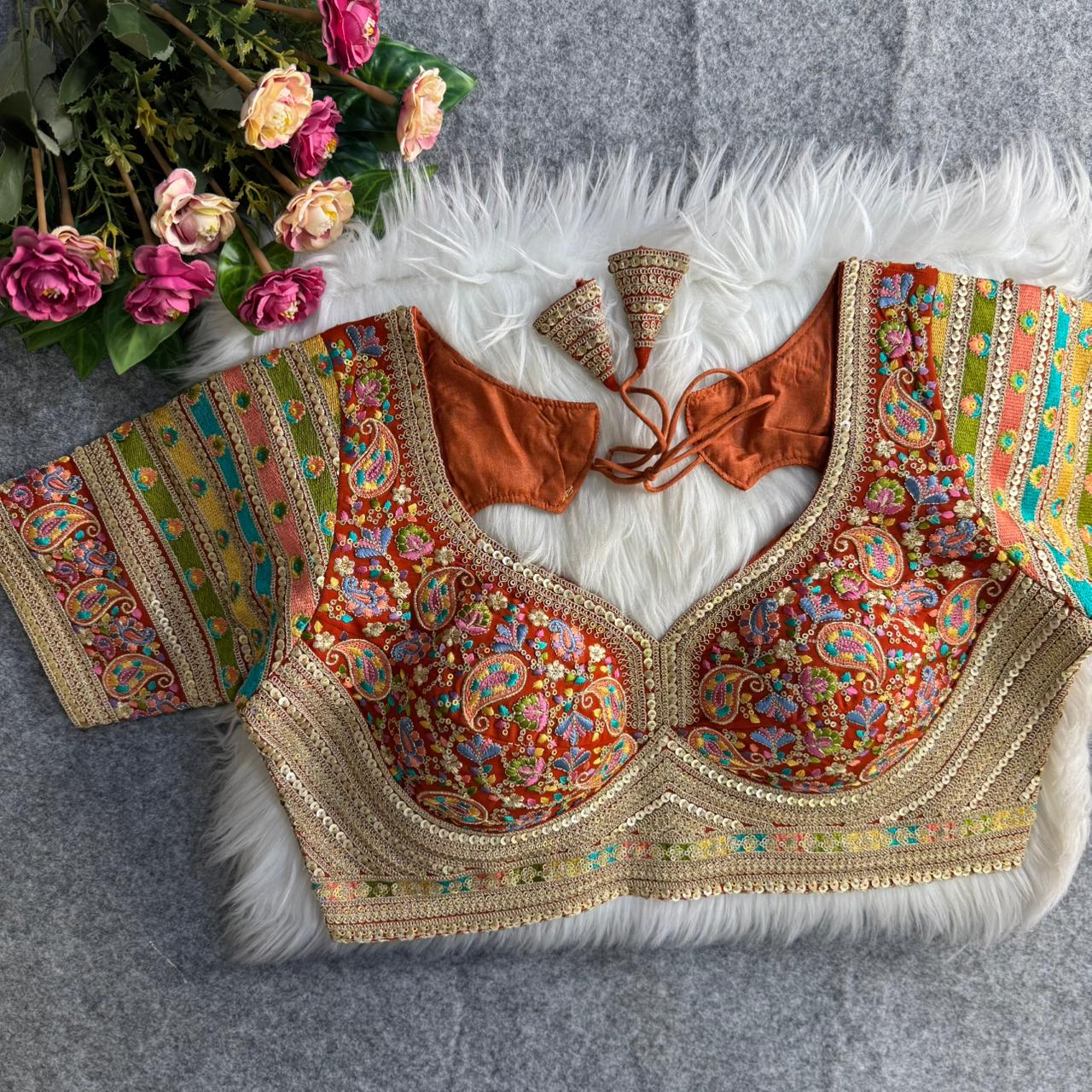 Copper Sabyasachi Style Fox Georgette Embroidery Kashmiri Thread Work Blouse