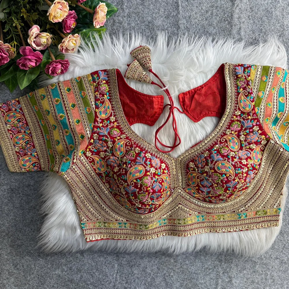Red Sabyasachi Style Fox Georgette Embroidery Kashmiri Thread Work Blouse — view 1