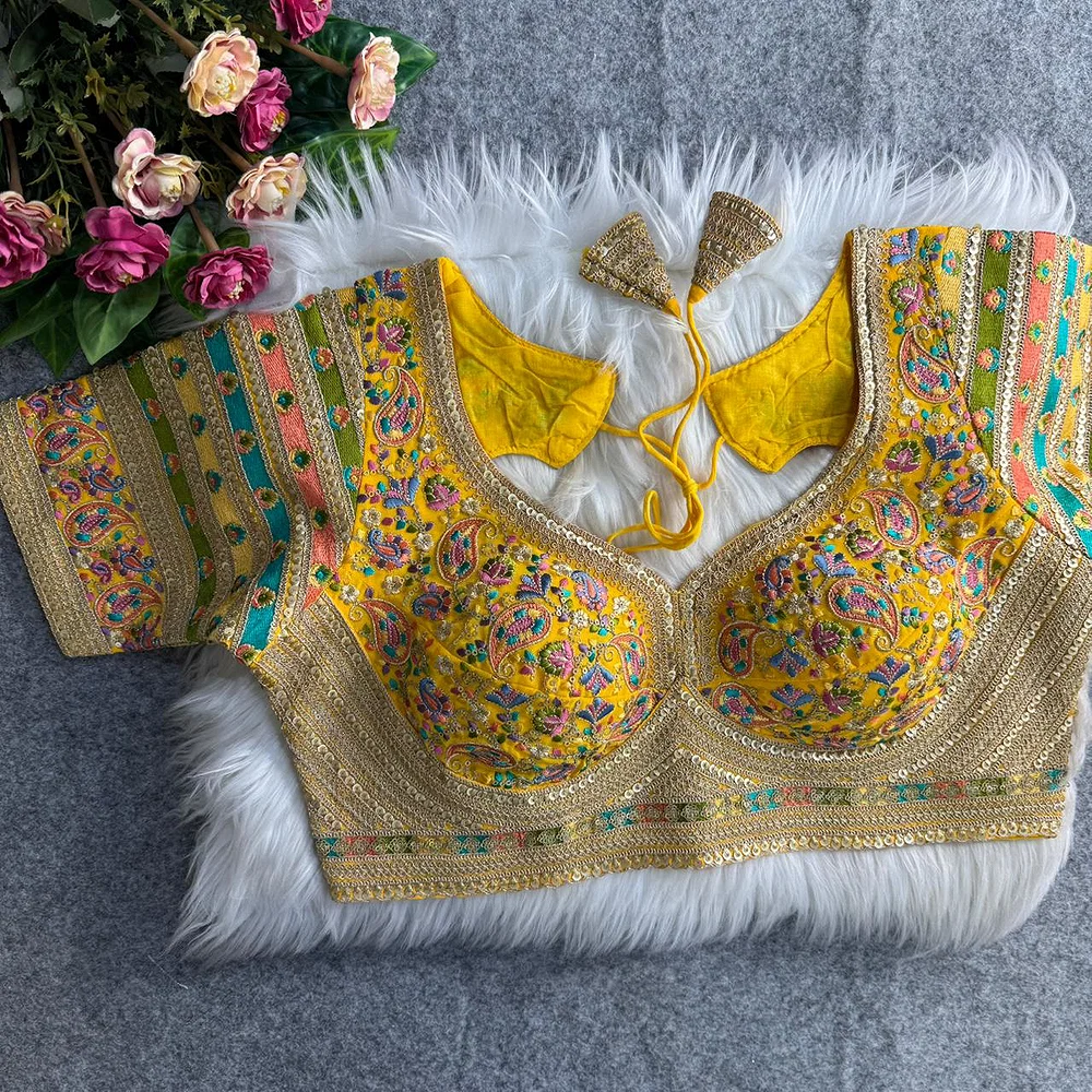 Yellow Sabyasachi Style Fox Georgette Embroidery Kashmiri Thread Work Blouse — view 1
