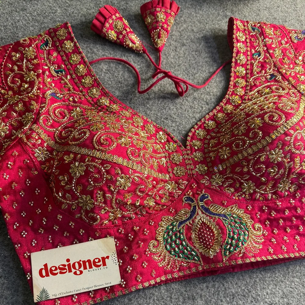 Rani Peacock Design Embroidery Italian Silk Designer Blouse with Beads — view 4