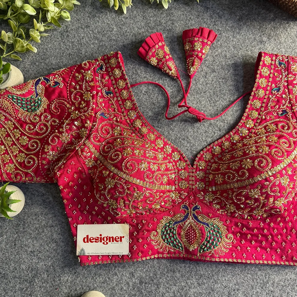 Rani Peacock Design Embroidery Italian Silk Designer Blouse with Beads — view 2
