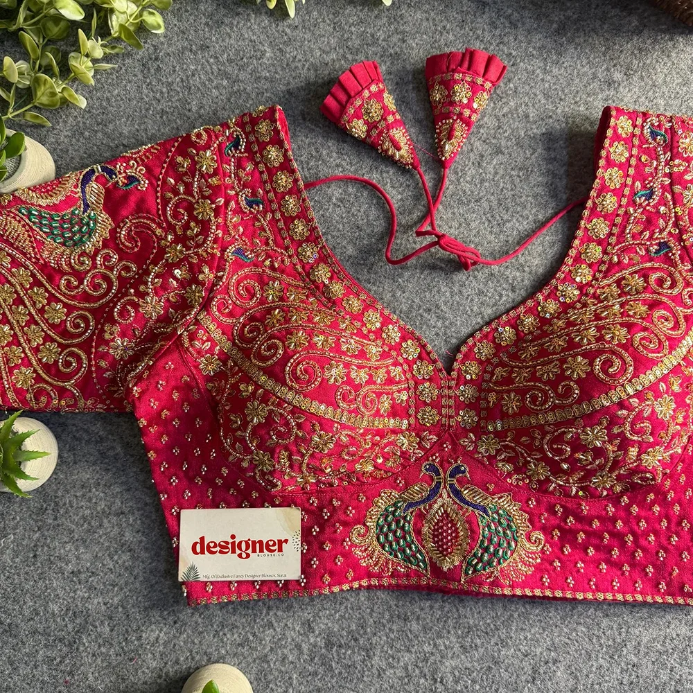 Rani Peacock Design Embroidery Italian Silk Designer Blouse with Beads — view 3