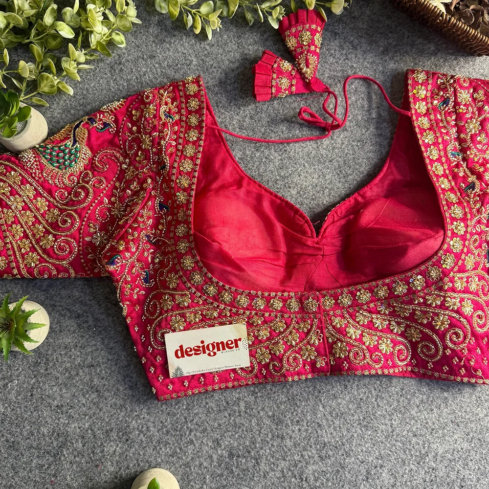Rani Peacock Design Embroidery Italian Silk Designer Blouse with Beads — view 6