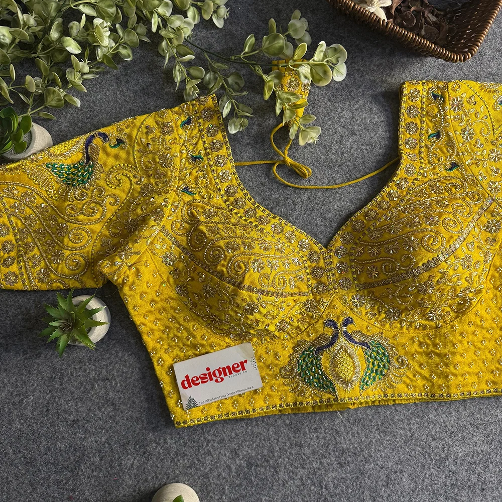 Yellow Peacock Design Embroidery Italian Silk Designer Blouse with Beads — view 1
