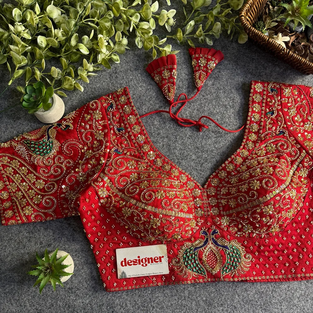 Red Peacock Design Embroidery Italian Silk Designer Blouse with Beads — view 1