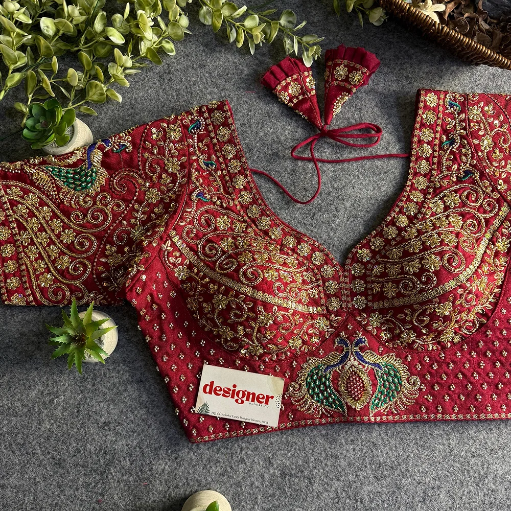 Maroon Peacock Design Embroidery Italian Silk Designer Blouse with Beads — view 1
