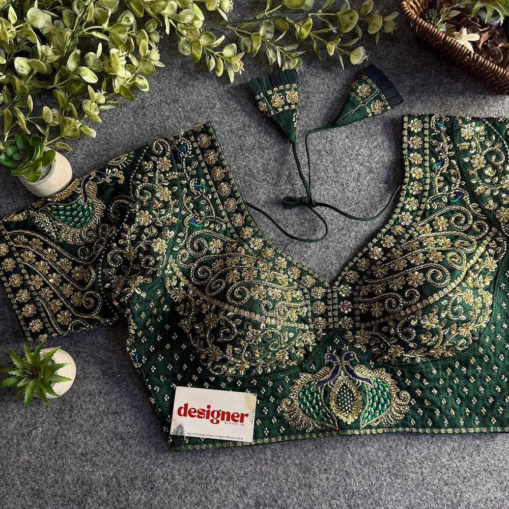 Bottle Green Peacock Design Embroidery Italian Silk Blouse with Beads — view 1