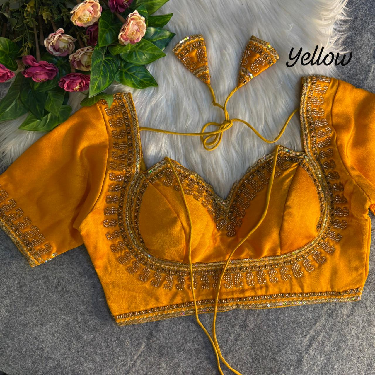 Yellow Masaba Style Italian Silk Beads Work Bridal Blouse