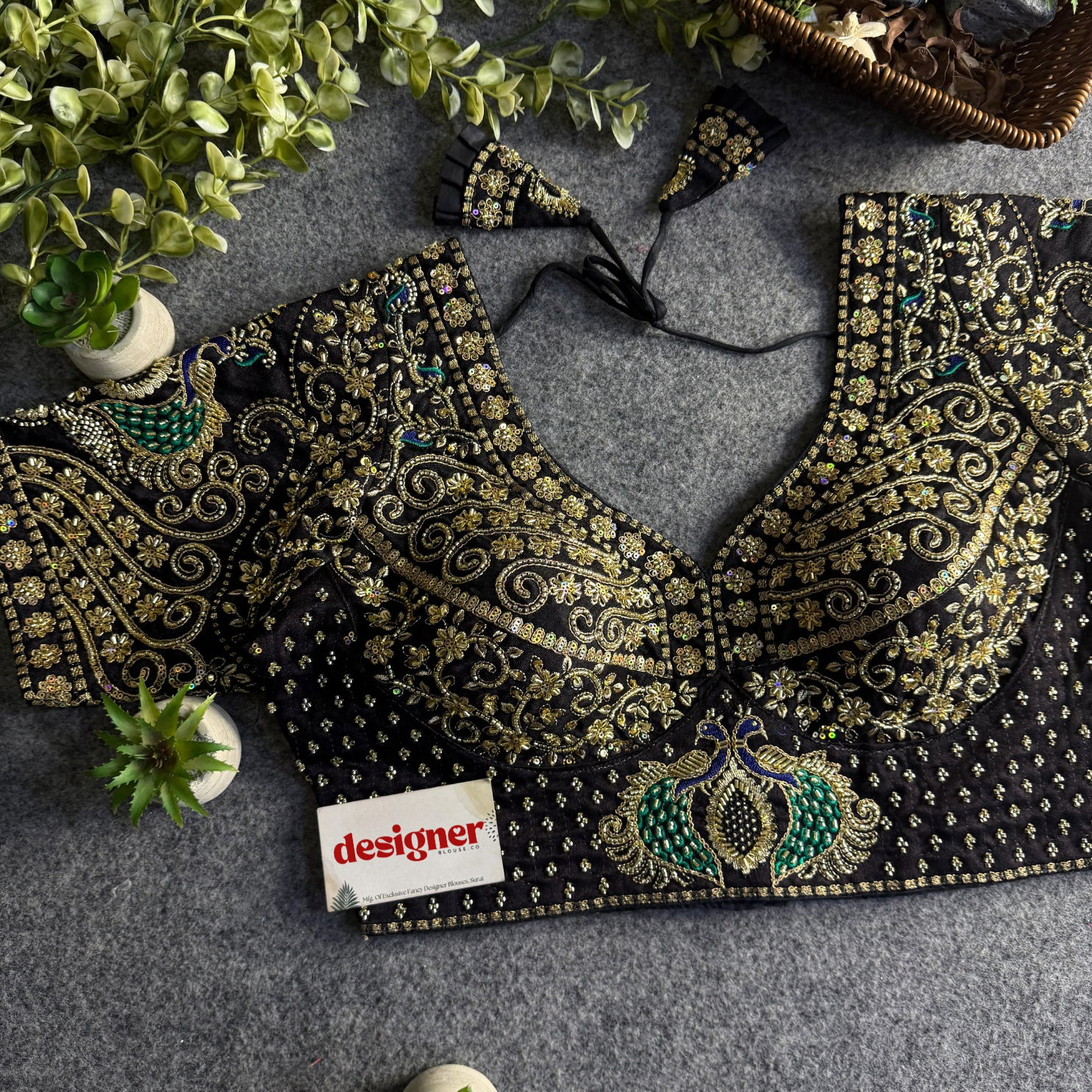 Black Peacock Design Embroidery Italian Silk Blouse with Beads