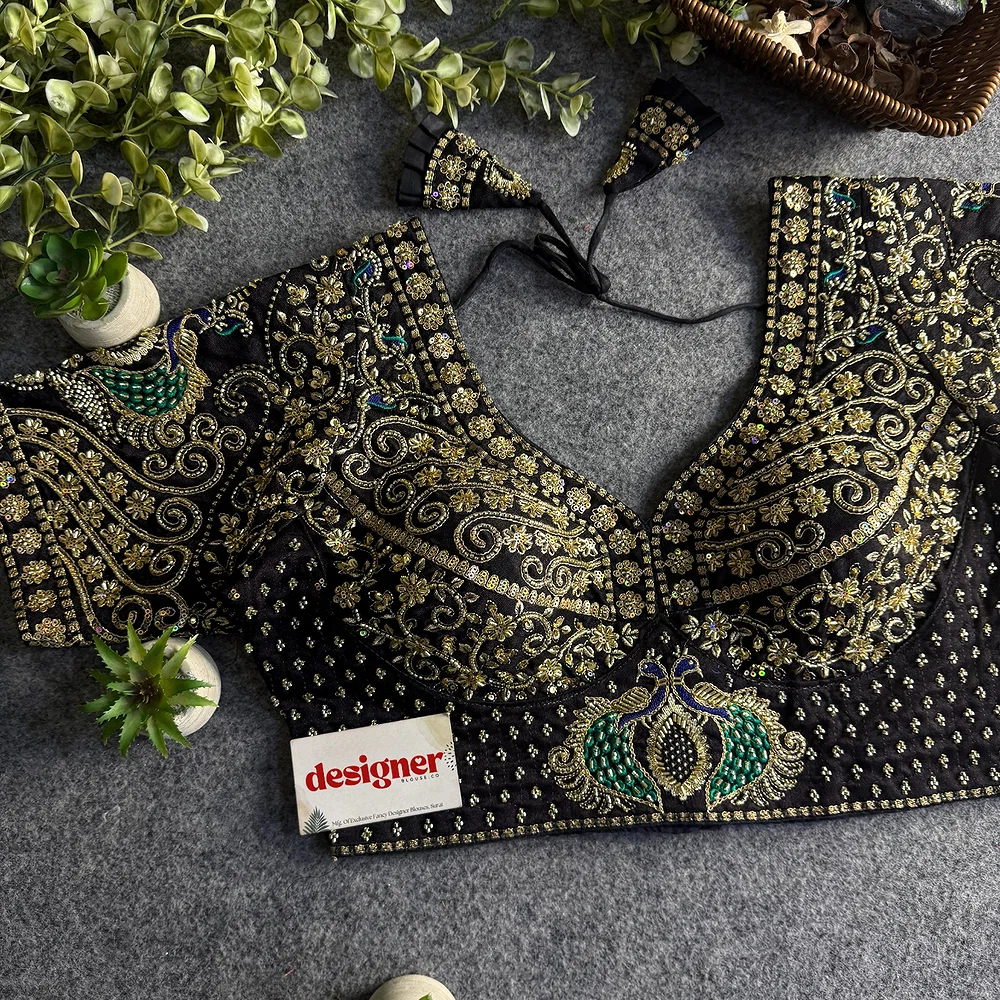 Black Peacock Design Embroidery Italian Silk Blouse with Beads — view 1