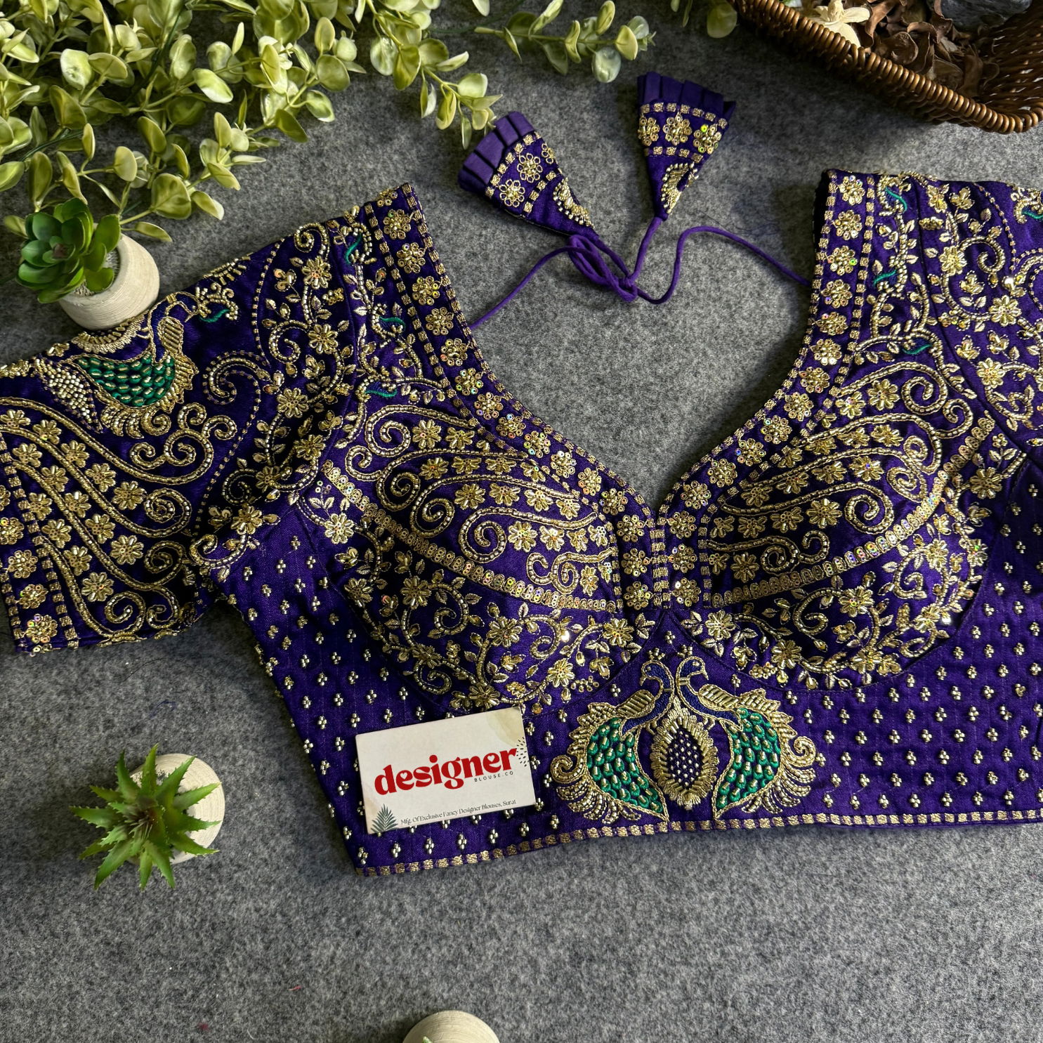 Purple Peacock Design Embroidery Italian Silk Blouse with Beads