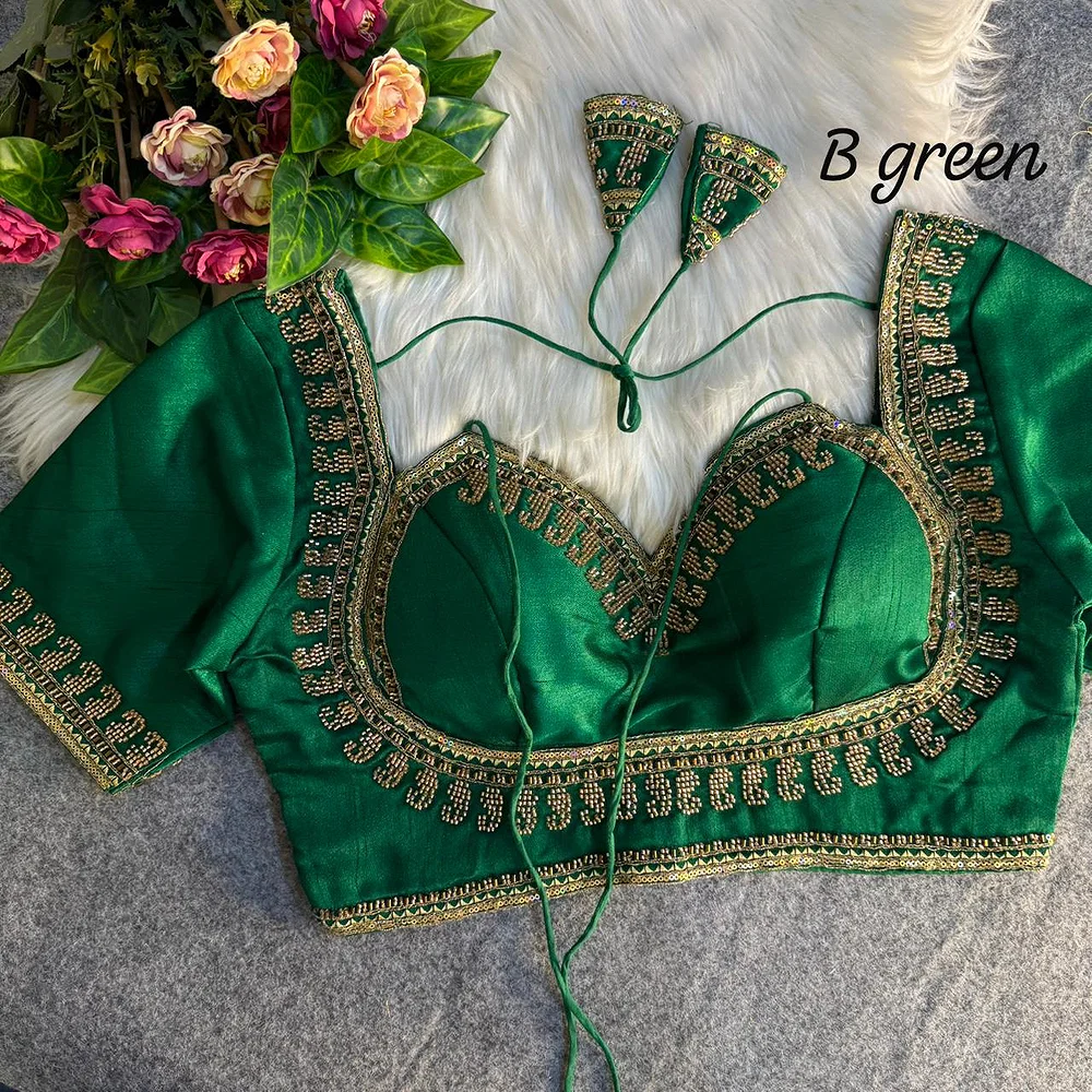 Bottle Green Masaba Style Italian Silk Beads Work Bridal Blouse — view 1