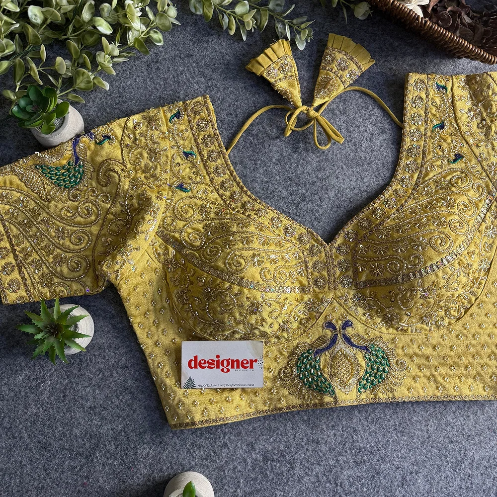 Gold Peacock Design Embroidery Italian Silk Blouse with Beads — view 1