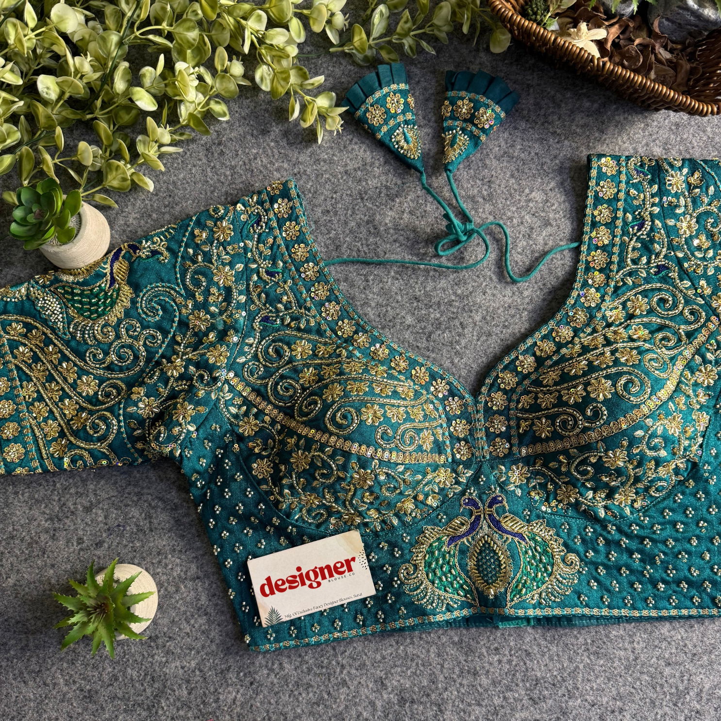 Rama Peacock Design Embroidery Italian Silk Blouse with Beads