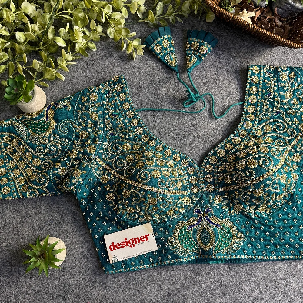 Rama Peacock Design Embroidery Italian Silk Blouse with Beads — view 1