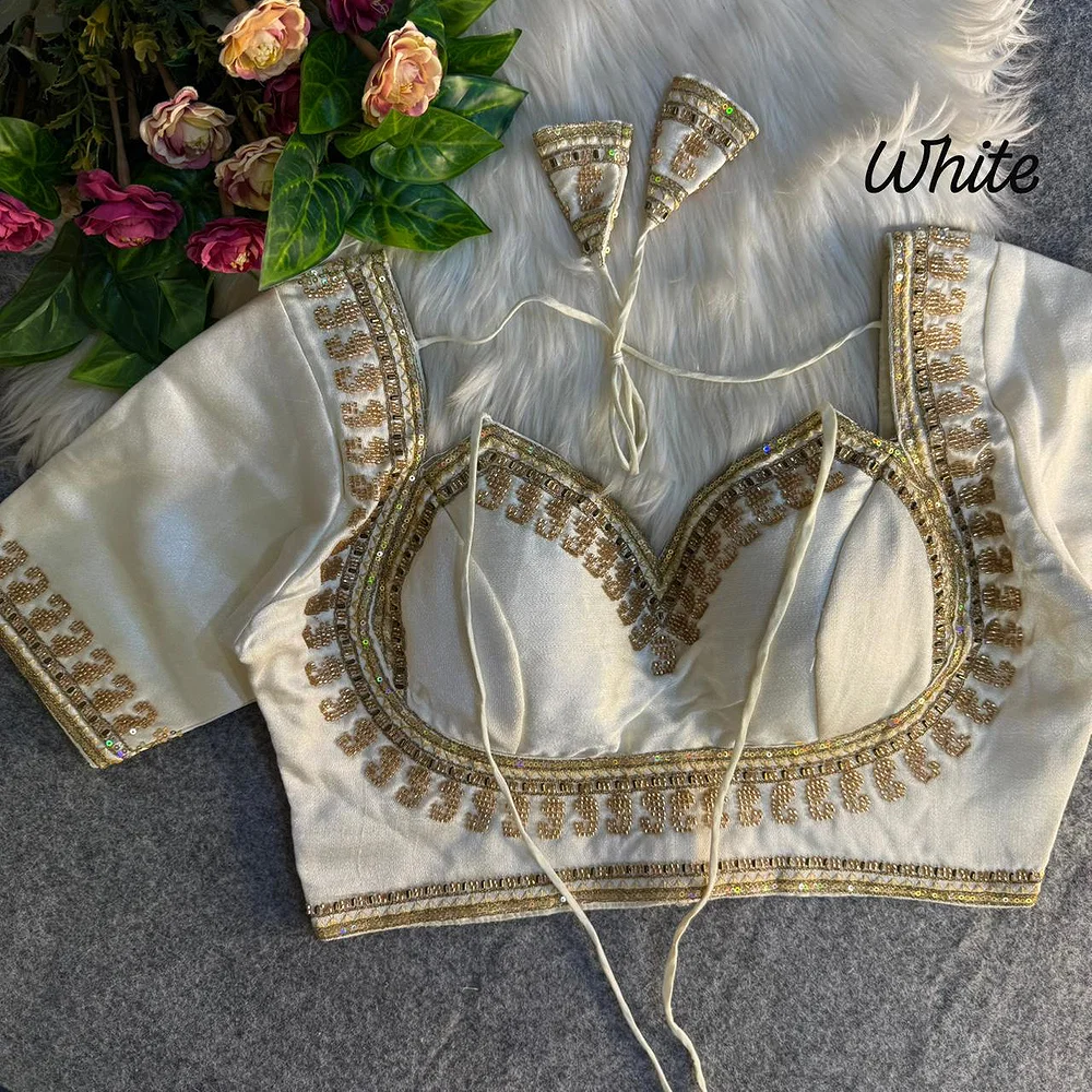 White Masaba Style Italian Silk Beads Work Bridal Blouse — view 1