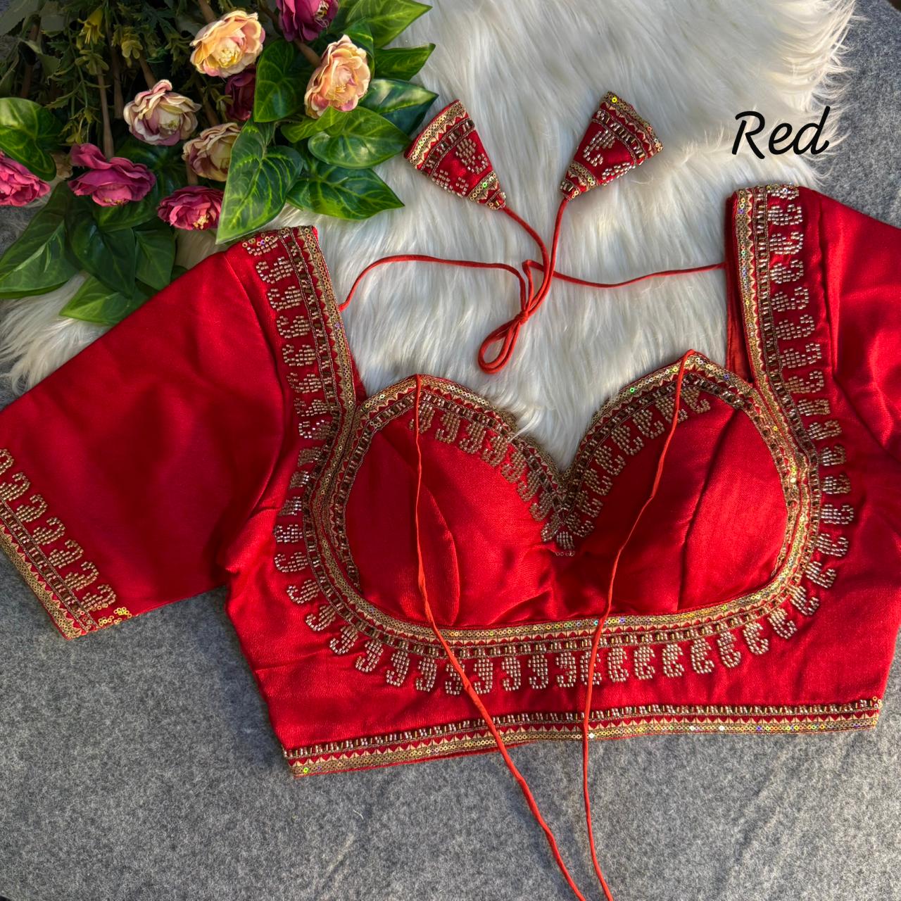 Red Masaba Style Italian Silk Beads Work Bridal Blouse