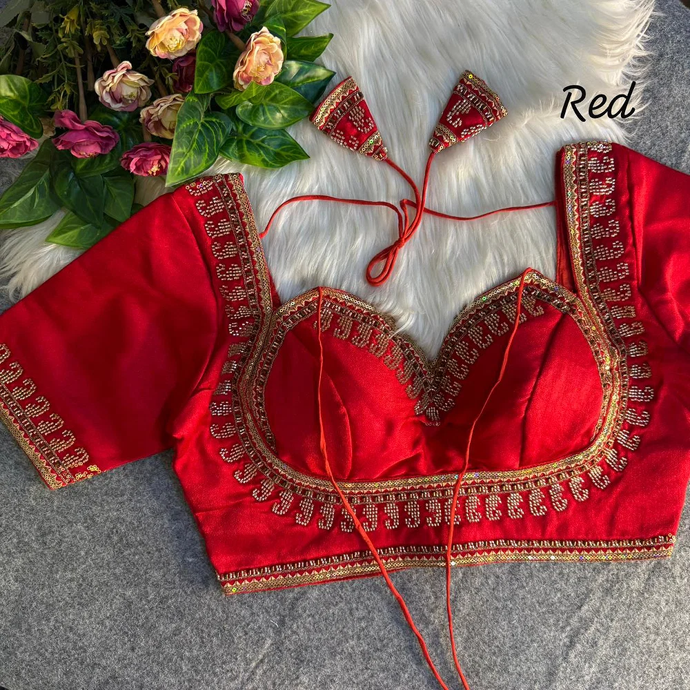 Red Masaba Style Italian Silk Beads Work Bridal Blouse — view 1