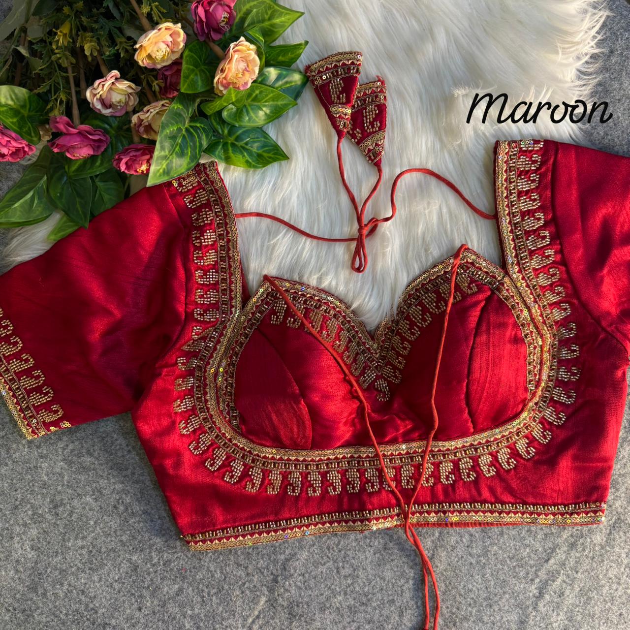 Maroon Masaba Style Italian Silk Beads Work Bridal Blouse
