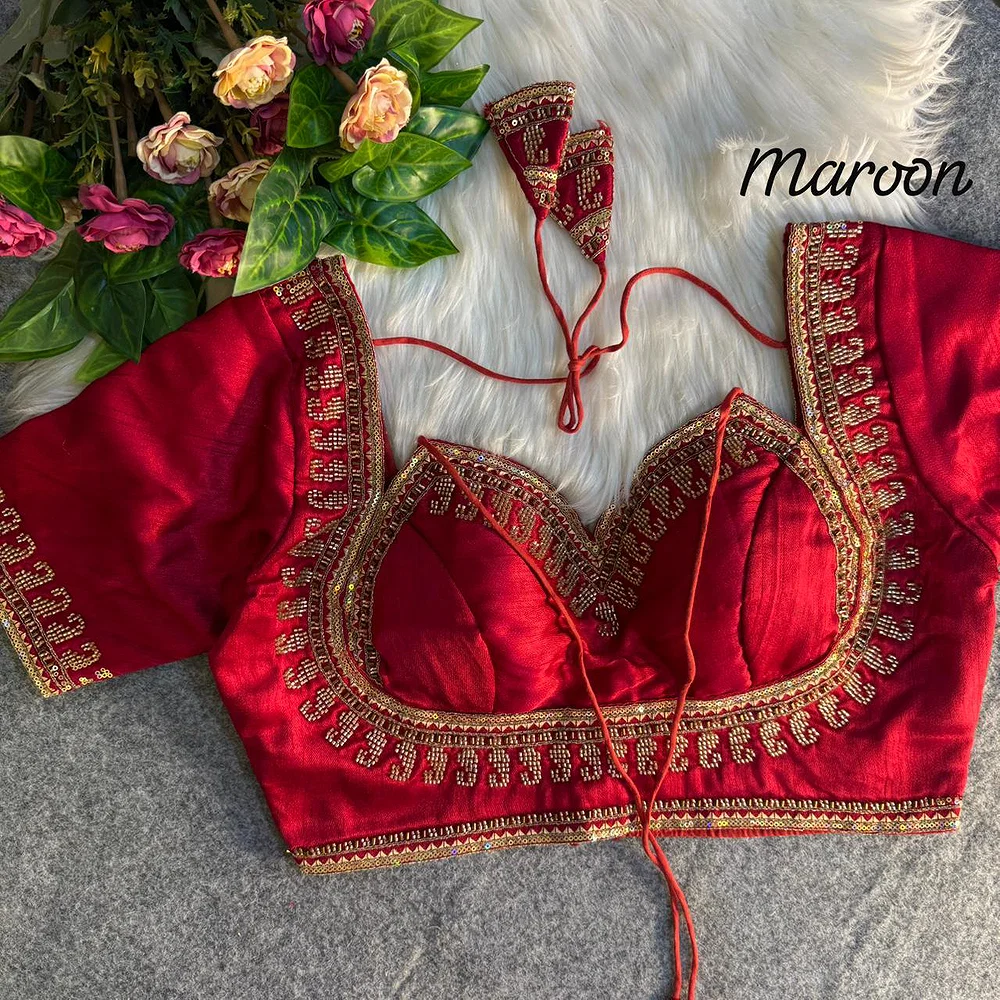Maroon Masaba Style Italian Silk Beads Work Bridal Blouse — view 1