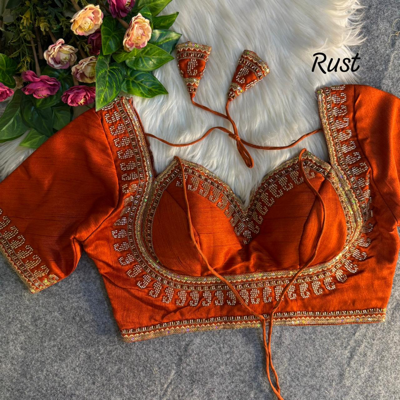 Copper Masaba Style Italian Silk Beads Work Bridal Blouse