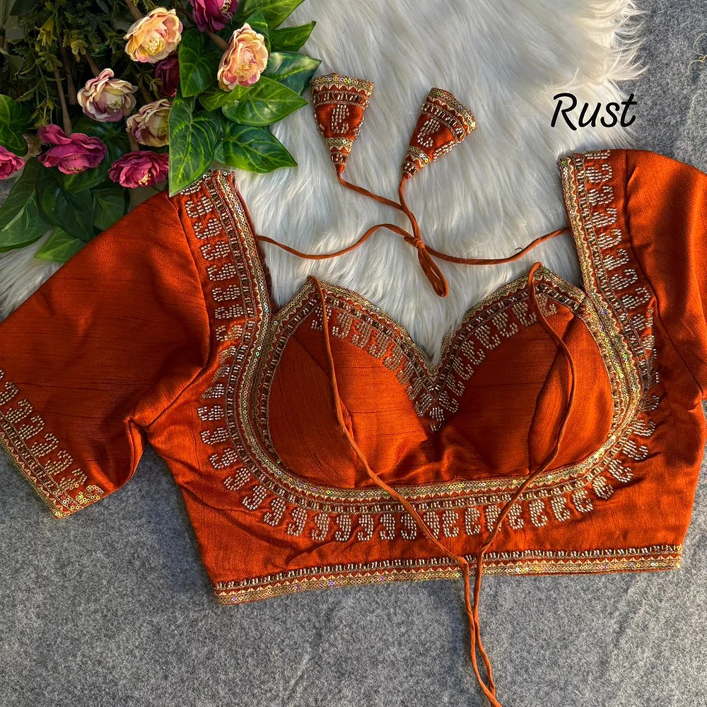 Copper Masaba Style Italian Silk Beads Work Bridal Blouse — view 1