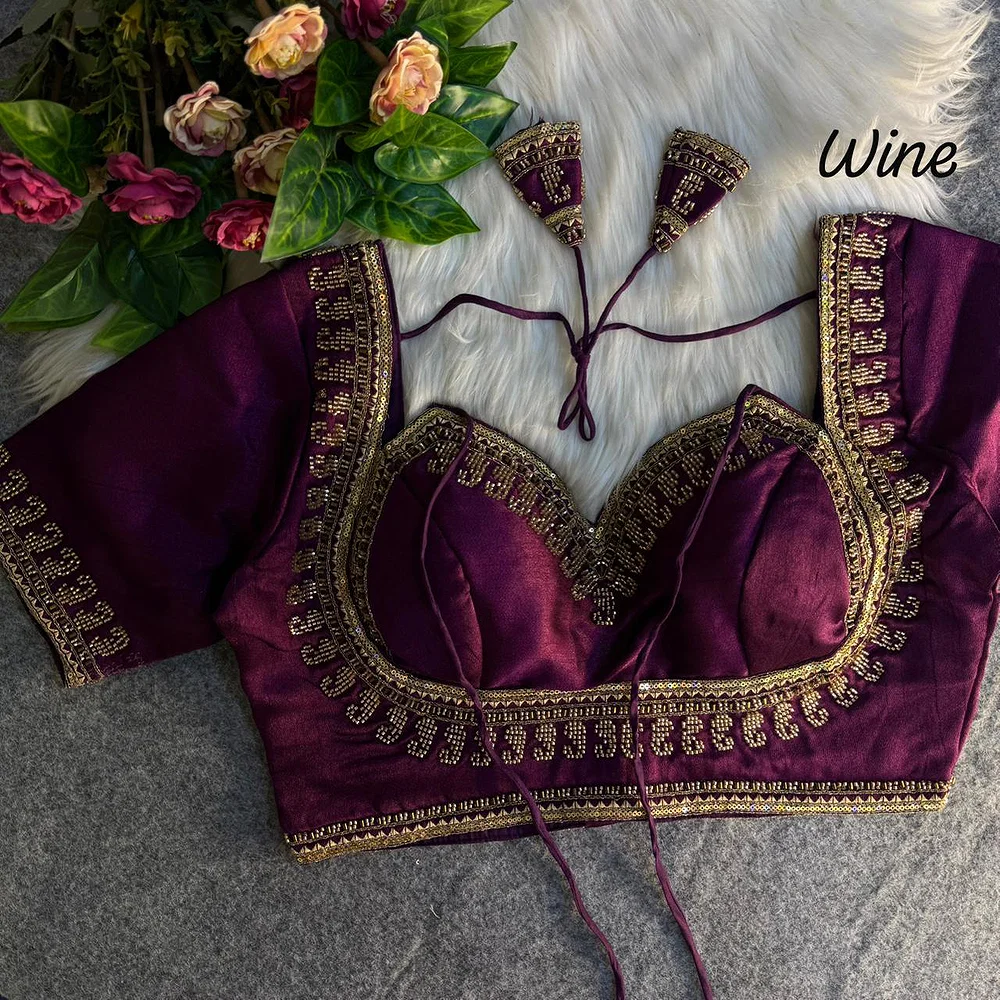 Wine Masaba Style Italian Silk Beads Work Bridal Blouse — view 1