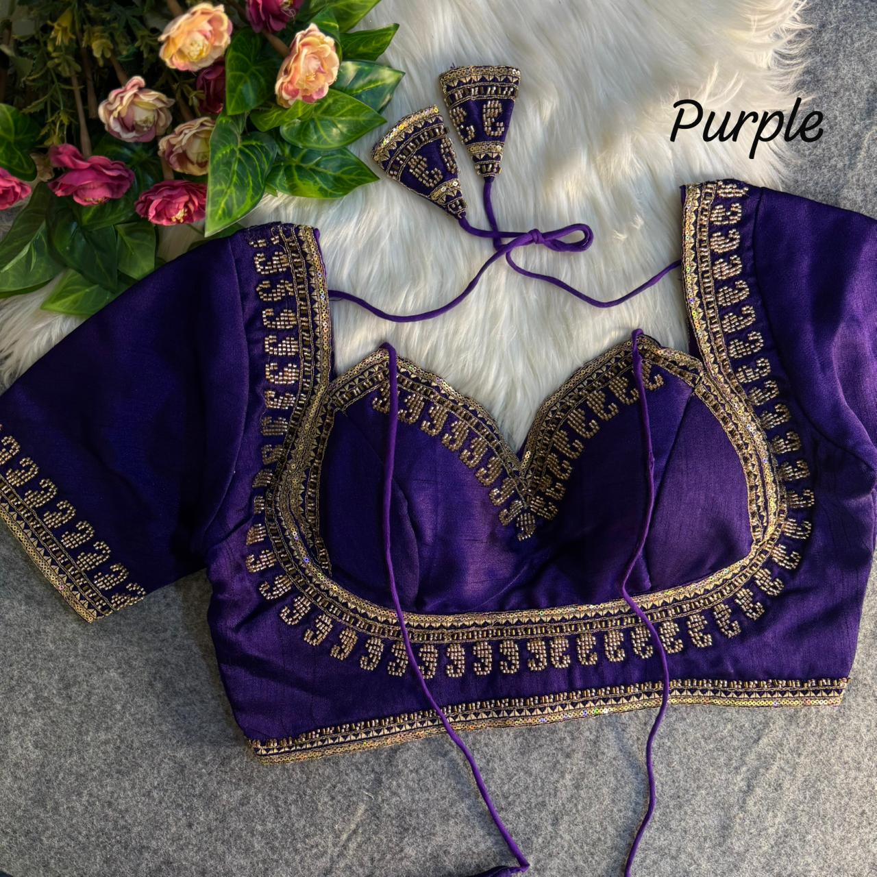 Purple Masaba Style Italian Silk Beads Work Bridal Blouse