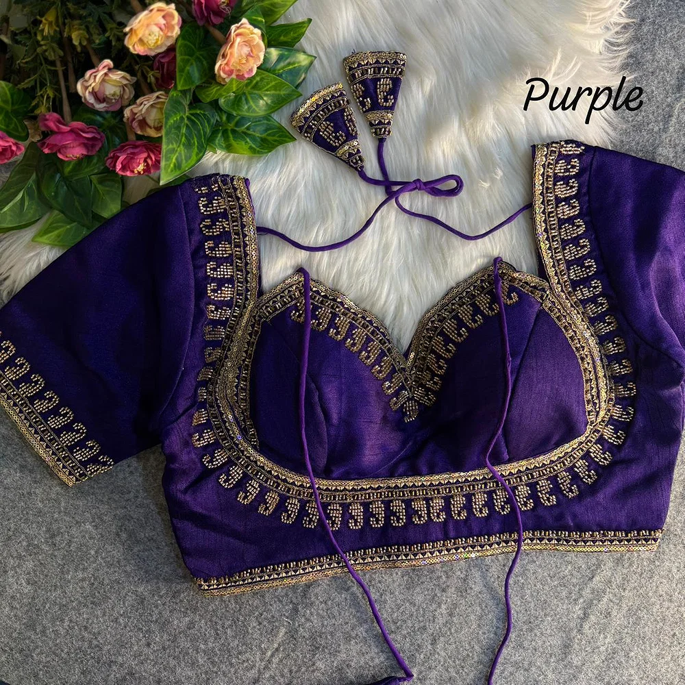Purple Masaba Style Italian Silk Beads Work Bridal Blouse — view 1