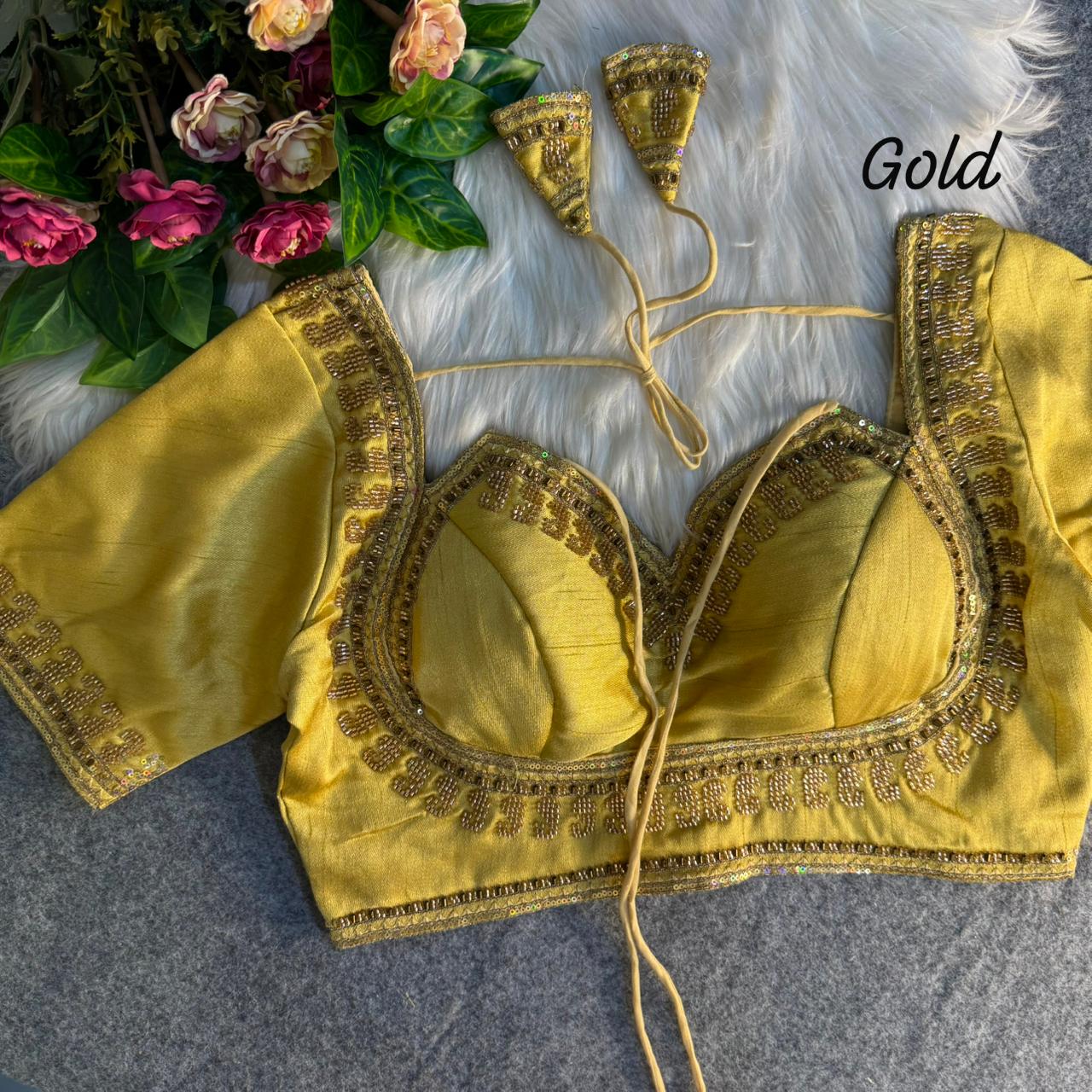 Gold Masaba Style Italian Silk Beads Work Bridal Blouse