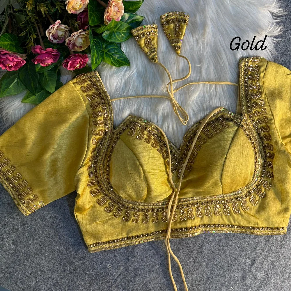 Gold Masaba Style Italian Silk Beads Work Bridal Blouse — view 1