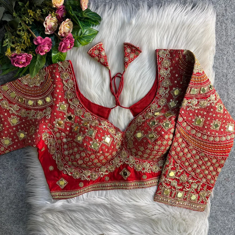 Red Italian Silk Handwork & Mirror Work Long Sleeves Blouse — view 1