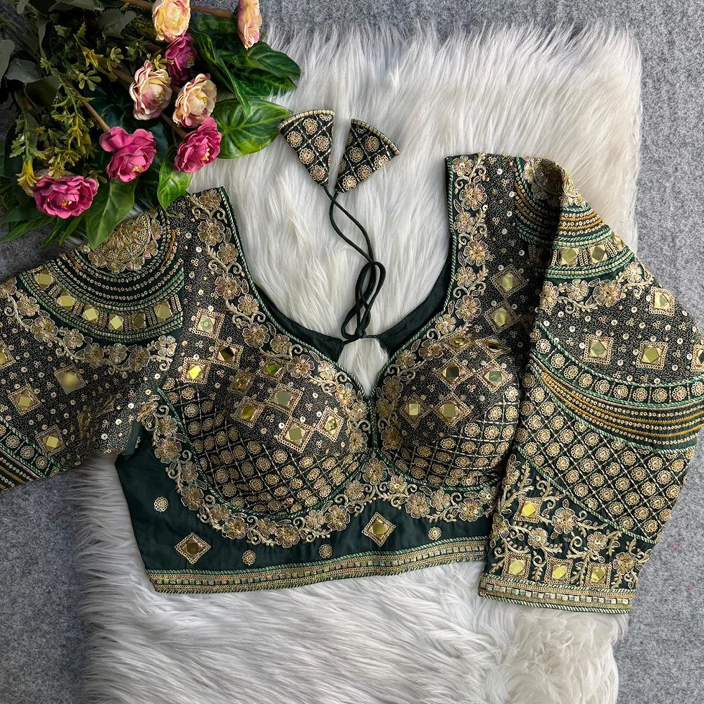 Bottle Green Italian Silk Handwork & Mirror Work Long Sleeves Blouse — view 1