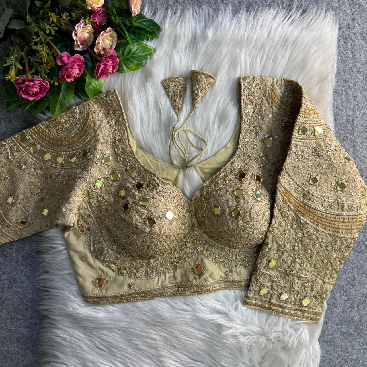 Gold Italian Silk Handwork & Mirror Work Long Sleeves Blouse