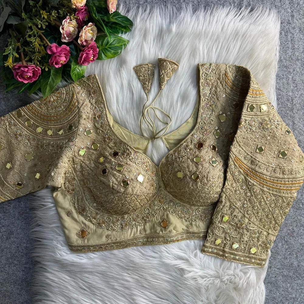 Gold Italian Silk Handwork & Mirror Work Long Sleeves Blouse — view 1