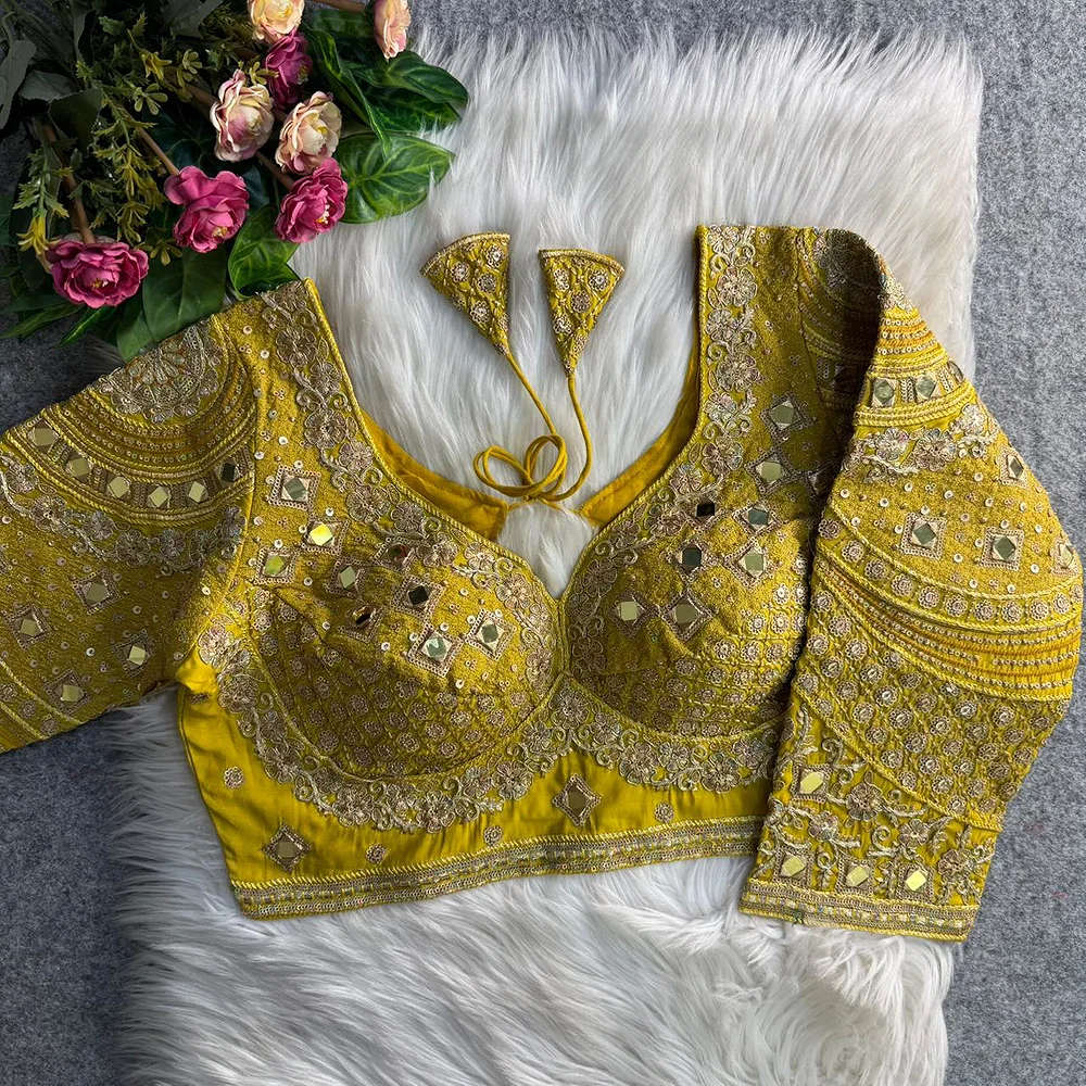 Yellow Italian Silk Handwork & Mirror Work Long Sleeves Blouse — view 1