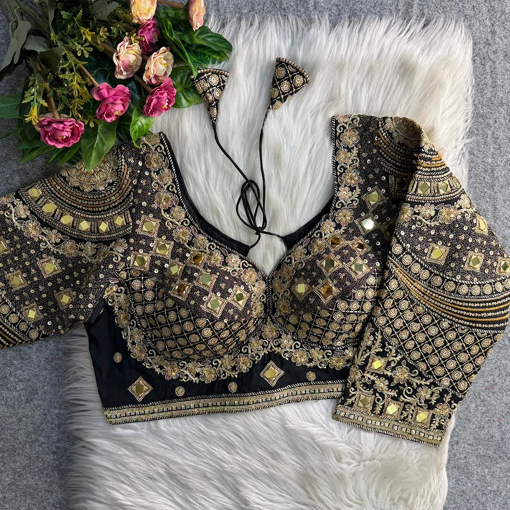 Black Italian Silk Handwork & Mirror Work Long Sleeves Blouse — view 1