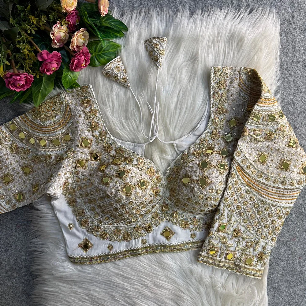 White Italian Silk Handwork & Mirror Work Long Sleeves Blouse — view 1