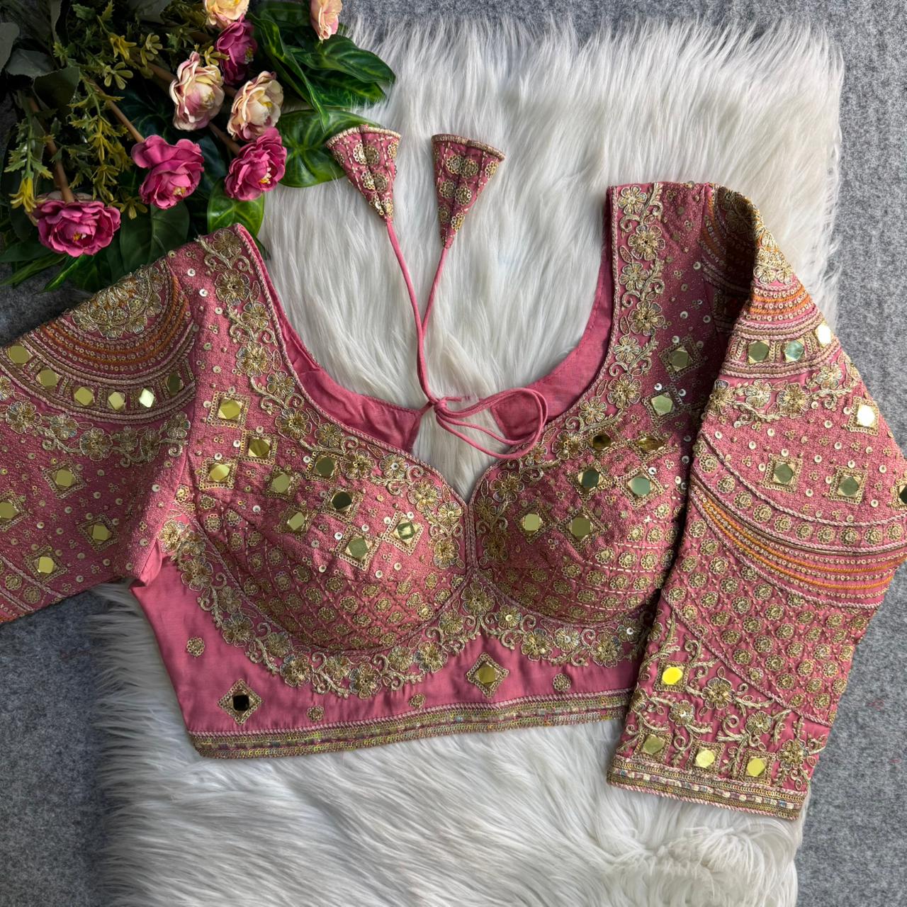 Peach Italian Silk Handwork & Mirror Work Long Sleeves Blouse