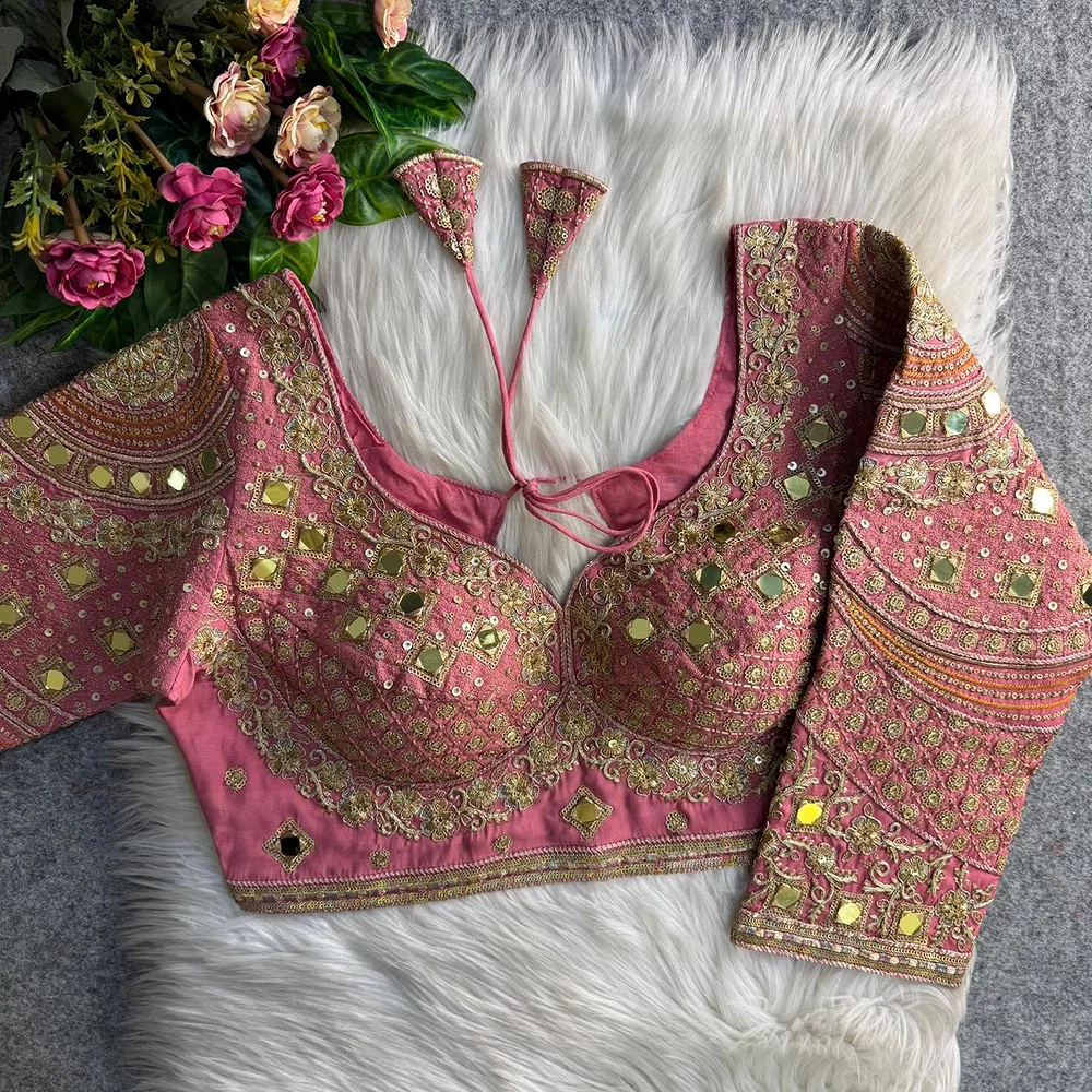 Peach Italian Silk Handwork & Mirror Work Long Sleeves Blouse — view 1
