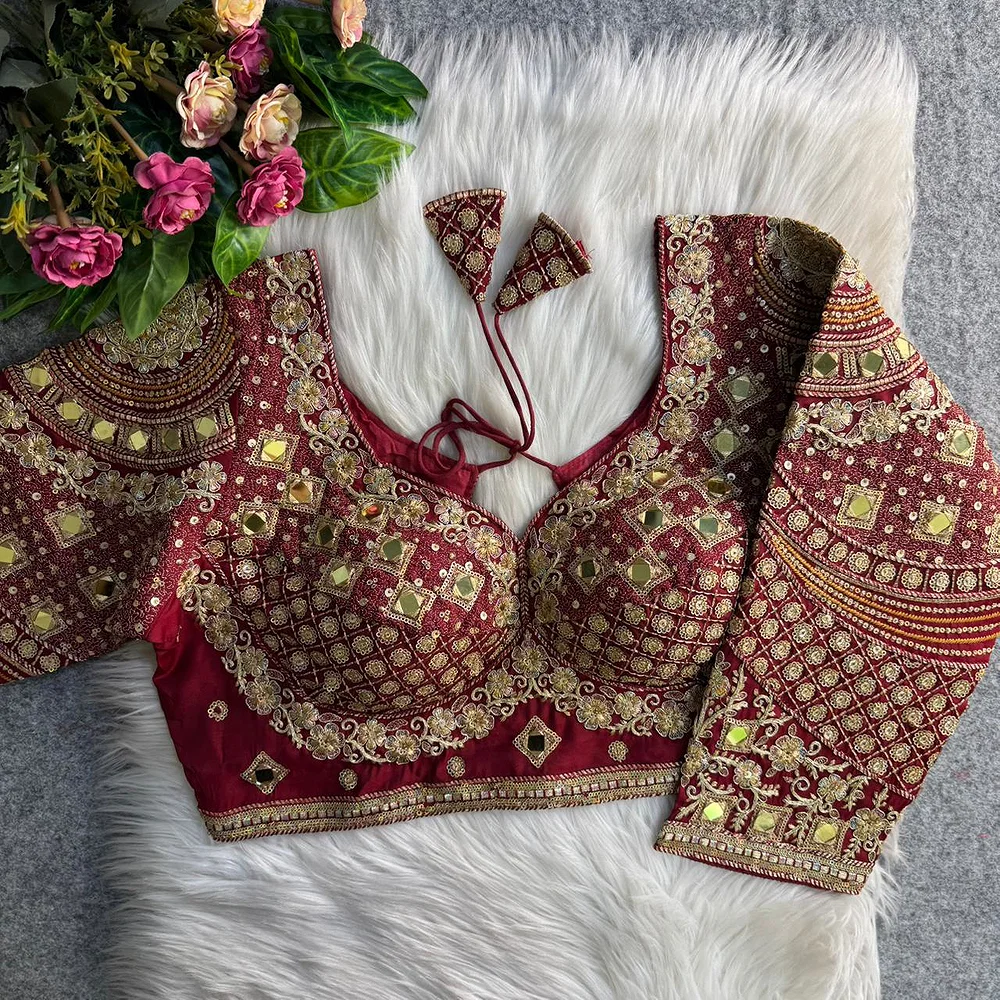 Maroon Italian Silk Handwork & Mirror Work Long Sleeves Blouse — view 1