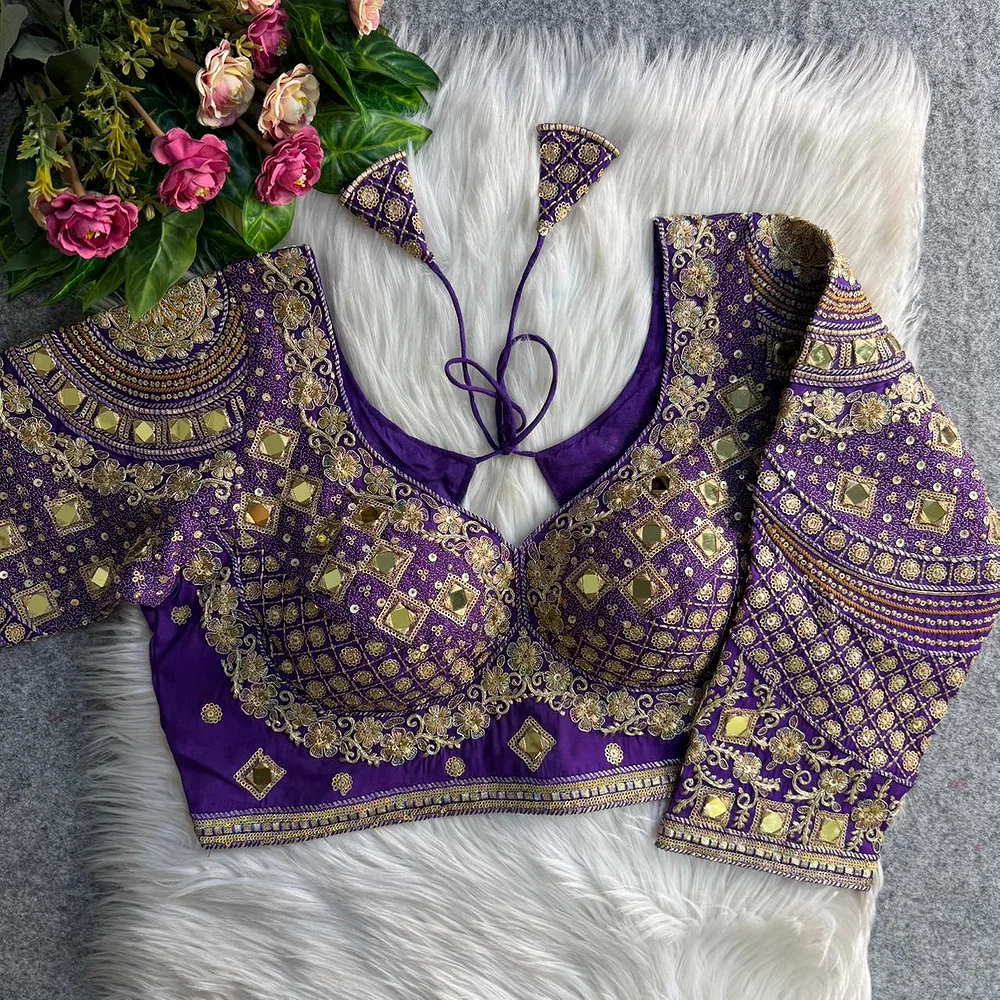 Purple Italian Silk Handwork & Mirror Work Long Sleeves Blouse — view 1