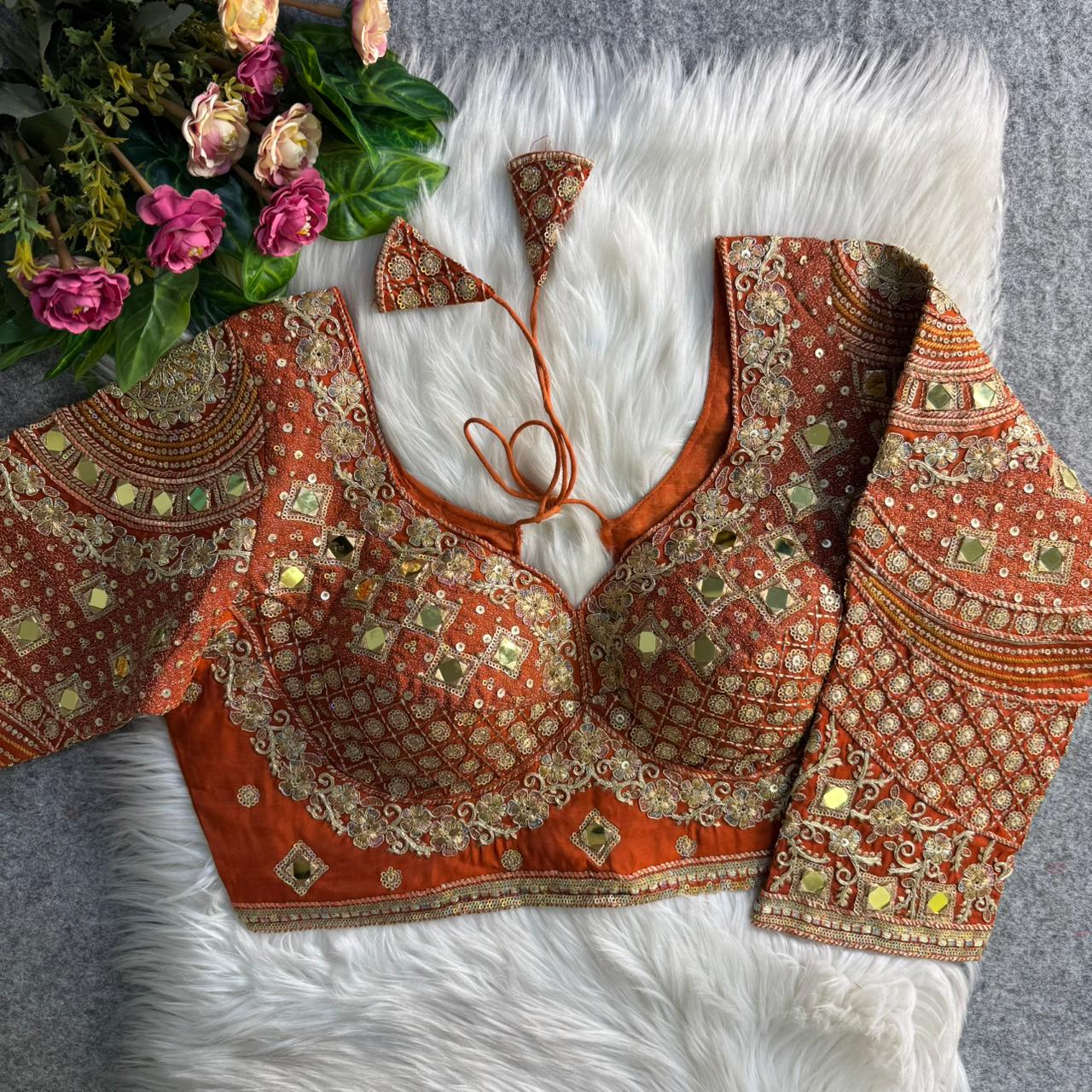 Copper Italian Silk Handwork & Mirror Work Long Sleeves Blouse