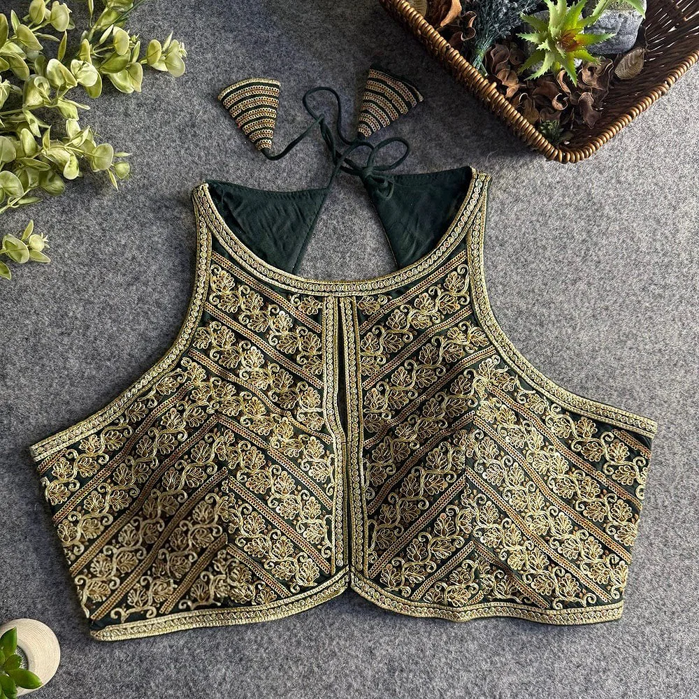 Bottle Green Roman Silk Embroidery Work Halter Neck Blouse — view 1