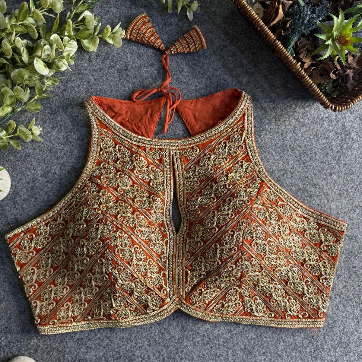 Copper Roman Silk Embroidery Work Halter Neck Blouse
