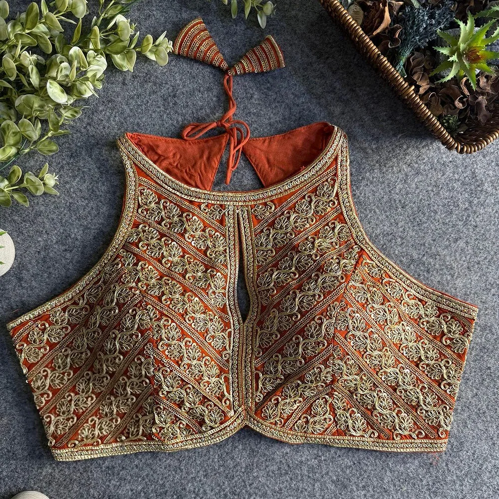 Copper Roman Silk Embroidery Work Halter Neck Blouse — view 1