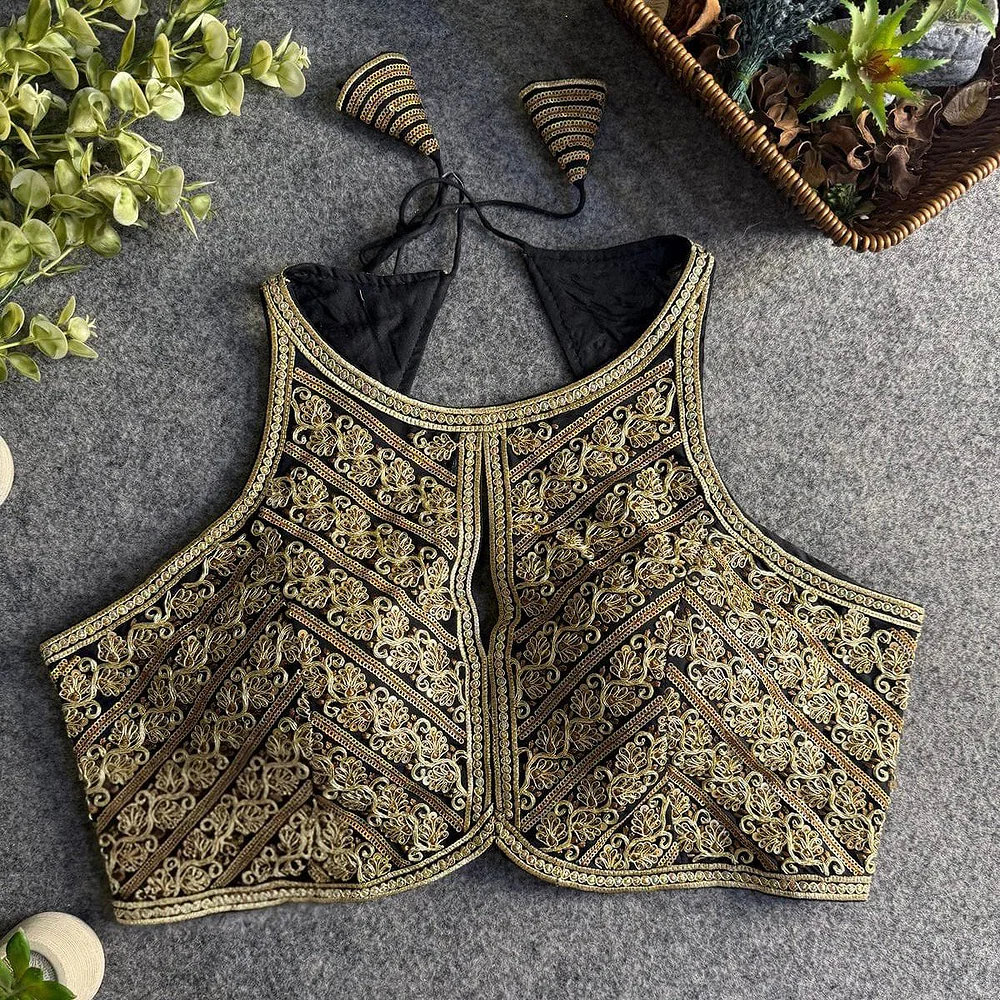 Black Roman Silk Embroidery Work Halter Neck Blouse — view 1