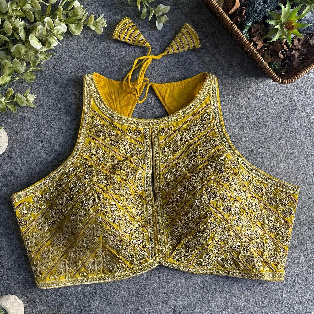 Yellow Roman Silk Embroidery Work Halter Neck Blouse — view 1