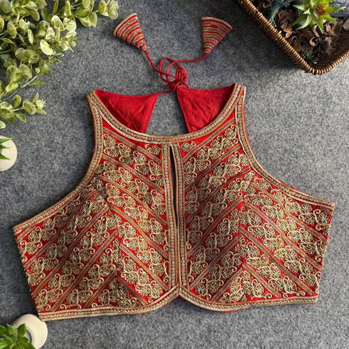 Red Roman Silk Embroidery Work Halter Neck Blouse